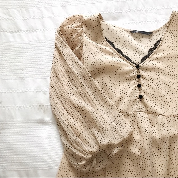 ZARA CREAM BEIGE BLACK POLKA DOT PUFFED SLEEVE BOHEMIAN FLOWY MINI DRESS - S - Picture 6 of 10